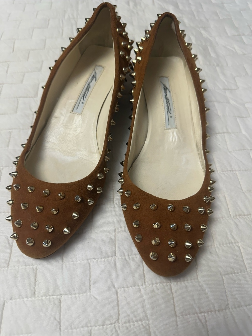 Brian Atwood Brown Studded Women’s Suede Ballet wedge